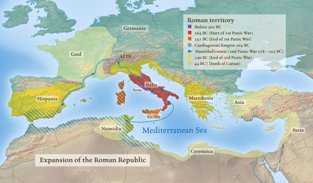 A map of the roman republic and its territories.