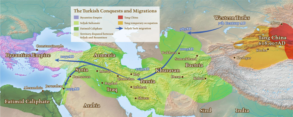 A map of the world with a blue line showing where turkish conquests and migrations are.